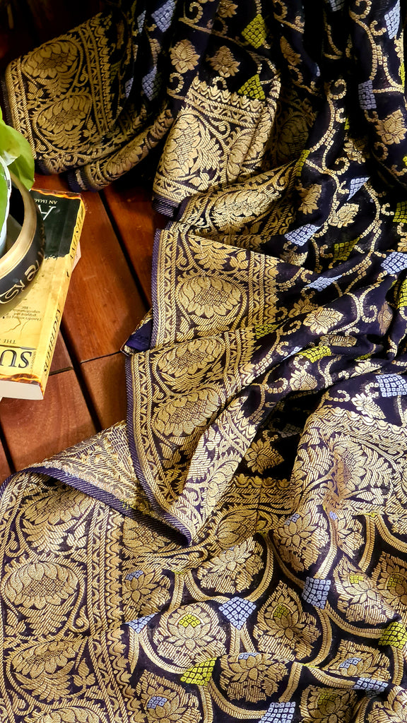 Zynah Pure Khaddi Georgette Saree with Jaal Zari Weave Inspired from Tanishq Jewellery; Custom Stitched/Ready-made Blouse, Fall, Petticoat; Shipping available USA, Worldwide