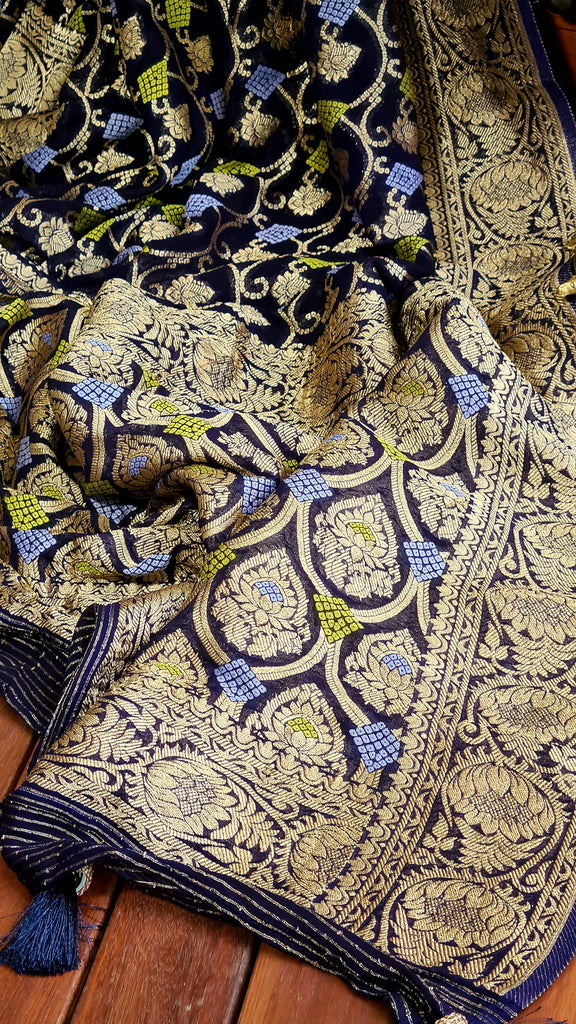 Zynah Pure Khaddi Georgette Saree with Jaal Zari Weave Inspired from Tanishq Jewellery; Custom Stitched/Ready-made Blouse, Fall, Petticoat; Shipping available USA, Worldwide