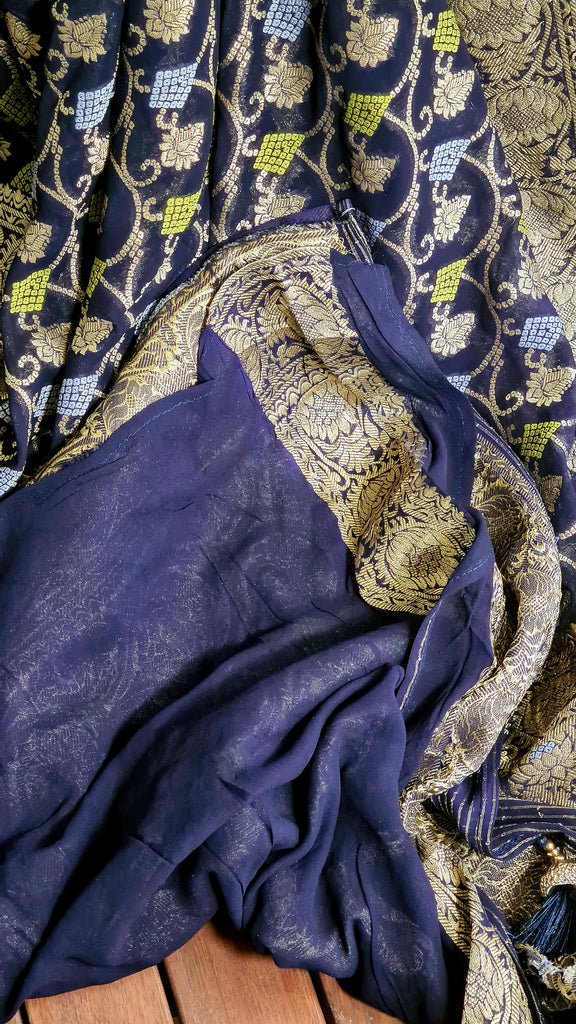 Zynah Pure Khaddi Georgette Saree with Jaal Zari Weave Inspired from Tanishq Jewellery; Custom Stitched/Ready-made Blouse, Fall, Petticoat; Shipping available USA, Worldwide