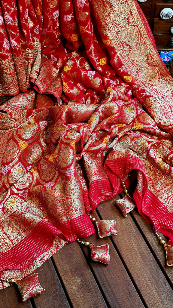 Zynah Pure Khaddi Georgette Saree with Jaal Zari Weave Inspired from Tanishq Jewellery; Custom Stitched/Ready-made Blouse, Fall, Petticoat; Shipping available USA, Worldwide