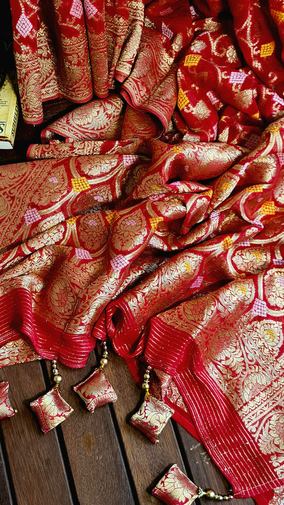 Zynah Pure Khaddi Georgette Saree with Jaal Zari Weave Inspired from Tanishq Jewellery; Custom Stitched/Ready-made Blouse, Fall, Petticoat; Shipping available USA, Worldwide