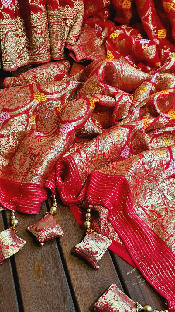 Zynah Pure Khaddi Georgette Saree with Jaal Zari Weave Inspired from Tanishq Jewellery; Custom Stitched/Ready-made Blouse, Fall, Petticoat; Shipping available USA, Worldwide