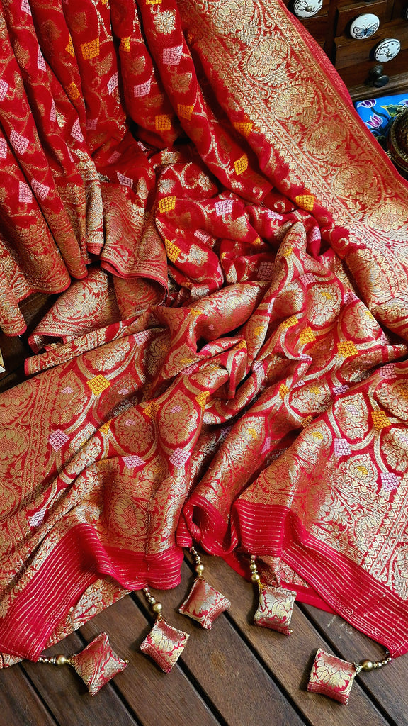Zynah Pure Khaddi Georgette Saree with Jaal Zari Weave Inspired from Tanishq Jewellery; Custom Stitched/Ready-made Blouse, Fall, Petticoat; Shipping available USA, Worldwide
