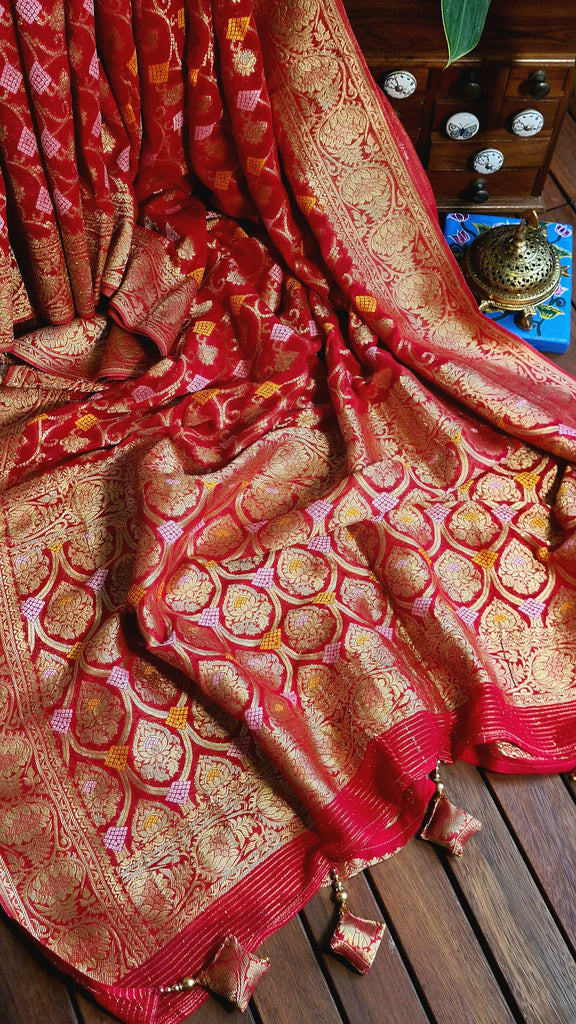Zynah Pure Khaddi Georgette Saree with Jaal Zari Weave Inspired from Tanishq Jewellery; Custom Stitched/Ready-made Blouse, Fall, Petticoat; Shipping available USA, Worldwide