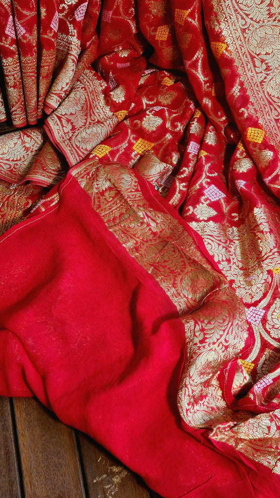 Zynah Pure Khaddi Georgette Saree with Jaal Zari Weave Inspired from Tanishq Jewellery; Custom Stitched/Ready-made Blouse, Fall, Petticoat; Shipping available USA, Worldwide