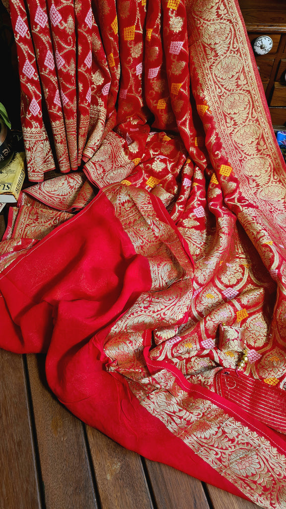 Zynah Pure Khaddi Georgette Saree with Jaal Zari Weave Inspired from Tanishq Jewellery; Custom Stitched/Ready-made Blouse, Fall, Petticoat; Shipping available USA, Worldwide