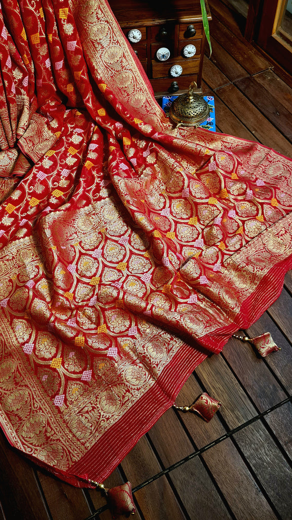 Zynah Pure Khaddi Georgette Saree with Jaal Zari Weave Inspired from Tanishq Jewellery; Custom Stitched/Ready-made Blouse, Fall, Petticoat; Shipping available USA, Worldwide