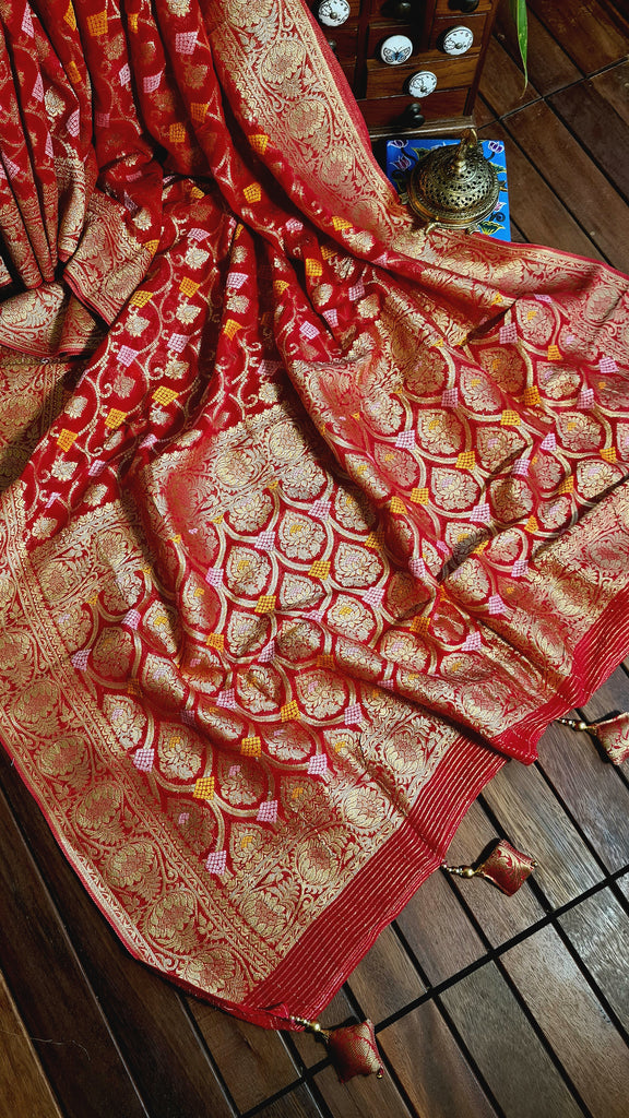 Zynah Pure Khaddi Georgette Saree with Jaal Zari Weave Inspired from Tanishq Jewellery; Custom Stitched/Ready-made Blouse, Fall, Petticoat; Shipping available USA, Worldwide