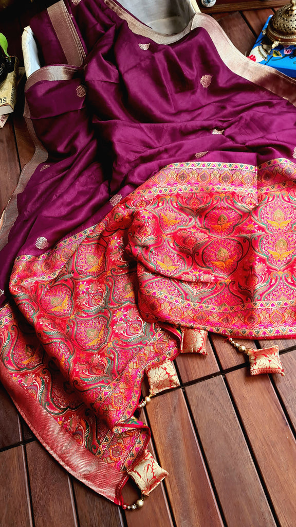Zynah Pure Russian Silk Saree with Resham Woven Pallu, Brocade & Beads Tassels; Custom Stitched/Ready-made Blouse, Fall, Petticoat; Shipping available USA, Worldwide