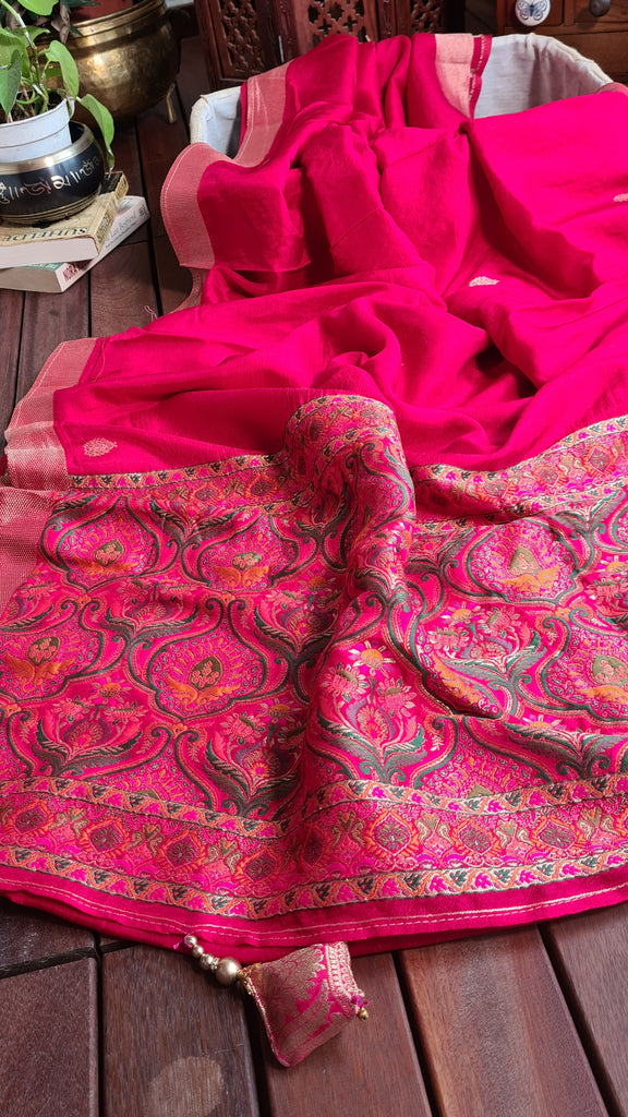 Zynah Pure Russian Silk Saree with Resham Woven Pallu, Brocade & Beads Tassels; Custom Stitched/Ready-made Blouse, Fall, Petticoat; Shipping available USA, Worldwide