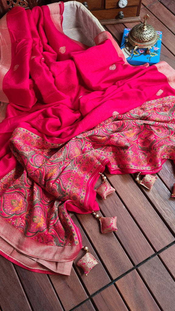 Zynah Pure Russian Silk Saree with Resham Woven Pallu, Brocade & Beads Tassels; Custom Stitched/Ready-made Blouse, Fall, Petticoat; Shipping available USA, Worldwide