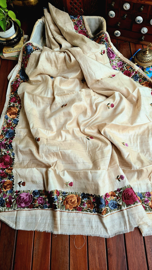 Zynah Made to Order Pure Tussar Silk Parsi Gara Embroidery Saree; Custom Stitched/Ready-made Blouse, Fall, Petticoat; Shipping available USA, Worldwide