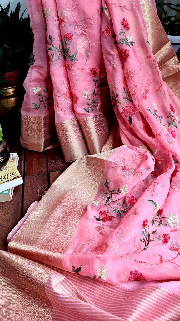 Zynah Organza Silk Thread Embroidery Saree with Zari Border, Buti Blouse Piece; Custom Stitched/Ready-made Blouse, Fall, Petticoat; Shipping available USA, Worldwide