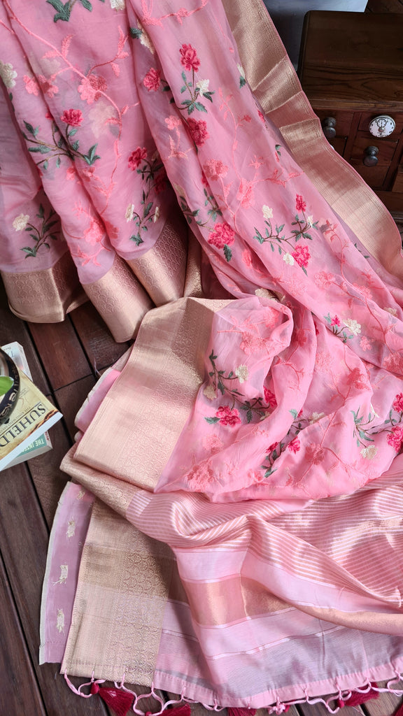 Zynah Organza Silk Thread Embroidery Saree with Zari Border, Buti Blouse Piece; Custom Stitched/Ready-made Blouse, Fall, Petticoat; Shipping available USA, Worldwide