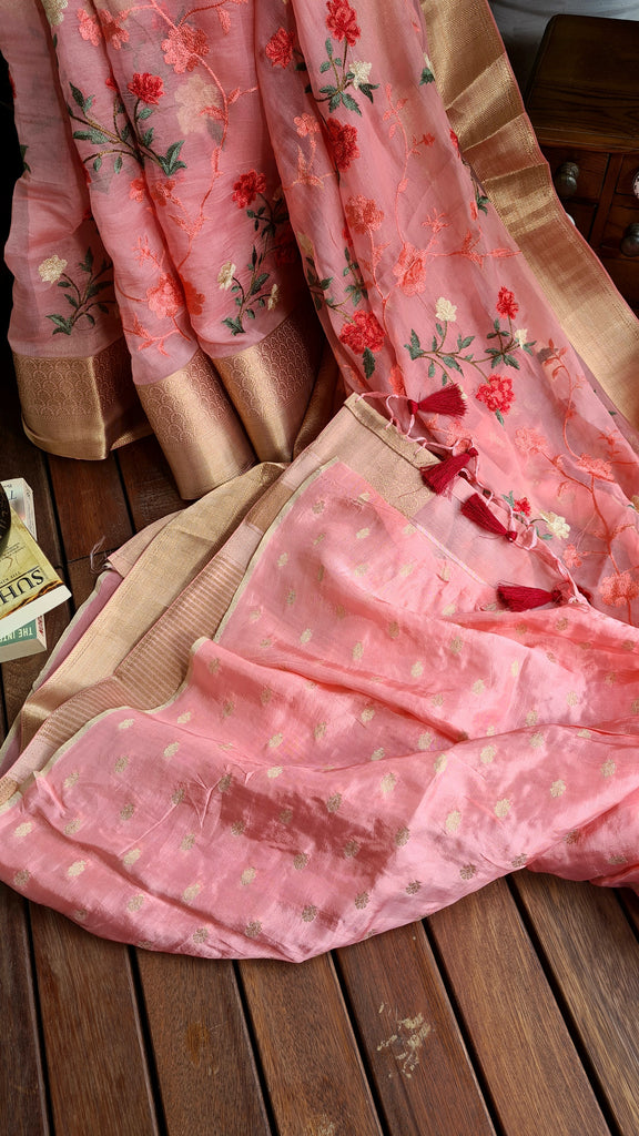 Zynah Organza Silk Thread Embroidery Saree with Zari Border, Buti Blouse Piece; Custom Stitched/Ready-made Blouse, Fall, Petticoat; Shipping available USA, Worldwide