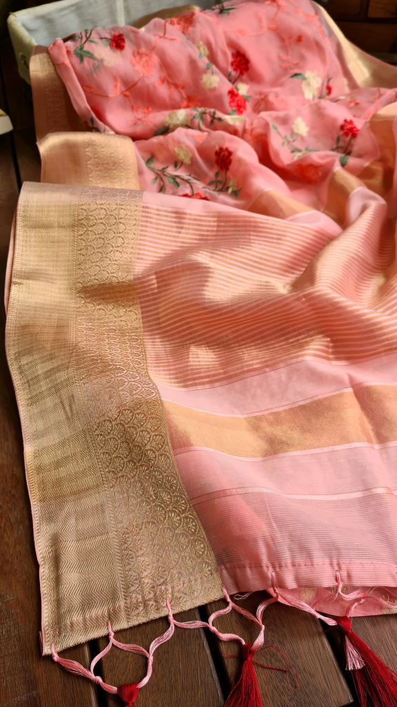 Zynah Organza Silk Thread Embroidery Saree with Zari Border, Buti Blouse Piece; Custom Stitched/Ready-made Blouse, Fall, Petticoat; Shipping available USA, Worldwide