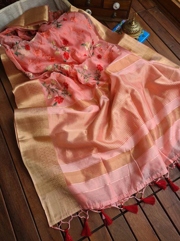 Zynah Organza Silk Thread Embroidery Saree with Zari Border, Buti Blouse Piece; Custom Stitched/Ready-made Blouse, Fall, Petticoat; Shipping available USA, Worldwide