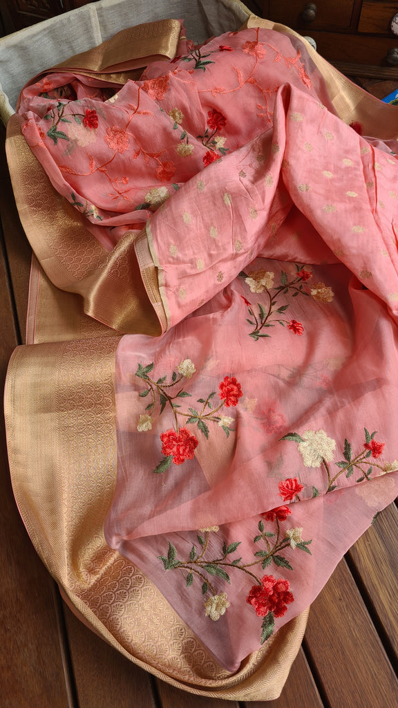 Zynah Organza Silk Thread Embroidery Saree with Zari Border, Buti Blouse Piece; Custom Stitched/Ready-made Blouse, Fall, Petticoat; Shipping available USA, Worldwide