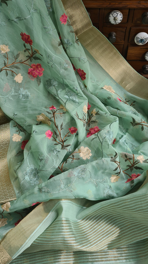 Zynah Organza Silk Thread Embroidery Saree with Zari Border, Buti Blouse Piece; Custom Stitched/Ready-made Blouse, Fall, Petticoat; Shipping available USA, Worldwide