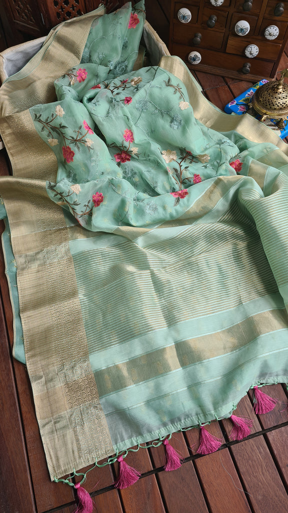 Zynah Organza Silk Thread Embroidery Saree with Zari Border, Buti Blouse Piece; Custom Stitched/Ready-made Blouse, Fall, Petticoat; Shipping available USA, Worldwide
