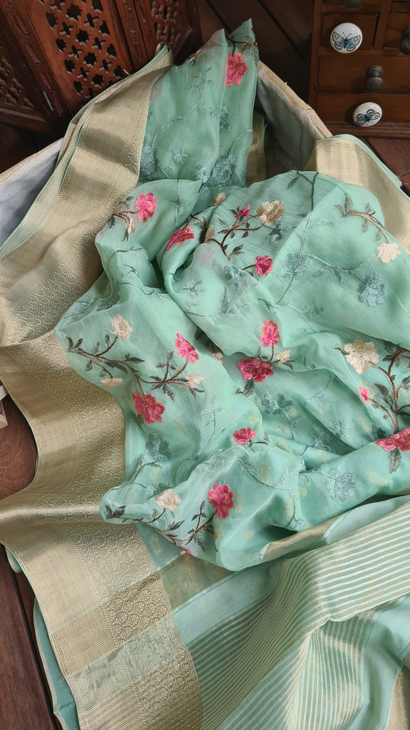 Zynah Organza Silk Thread Embroidery Saree with Zari Border, Buti Blouse Piece; Custom Stitched/Ready-made Blouse, Fall, Petticoat; Shipping available USA, Worldwide