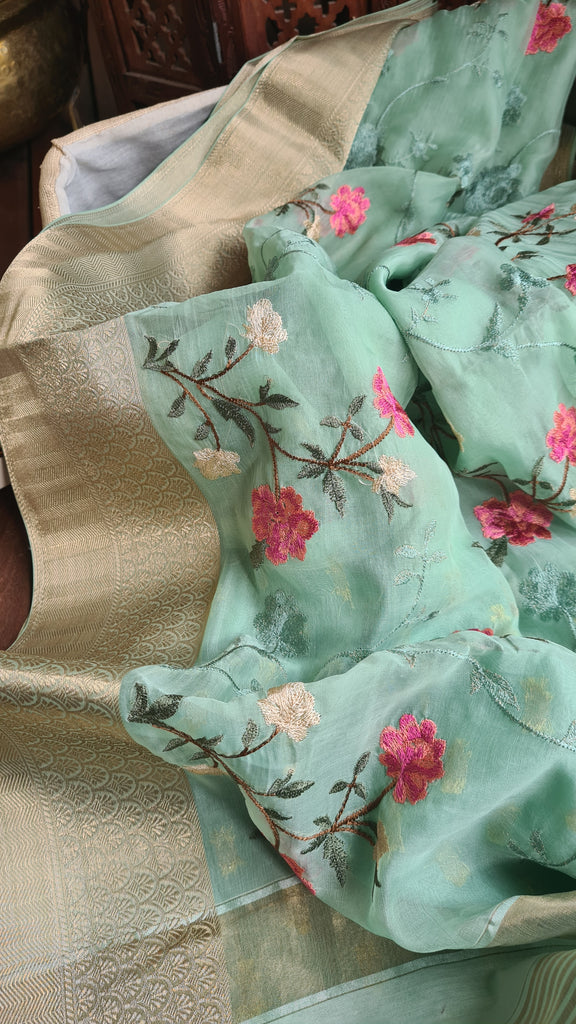 Zynah Organza Silk Thread Embroidery Saree with Zari Border, Buti Blouse Piece; Custom Stitched/Ready-made Blouse, Fall, Petticoat; Shipping available USA, Worldwide