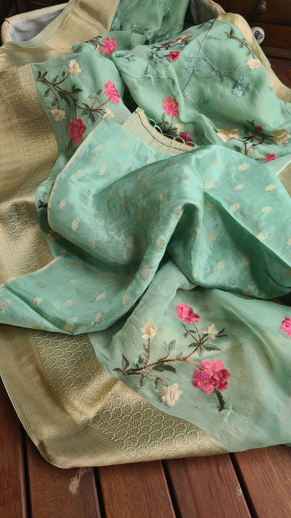 Zynah Organza Silk Thread Embroidery Saree with Zari Border, Buti Blouse Piece; Custom Stitched/Ready-made Blouse, Fall, Petticoat; Shipping available USA, Worldwide