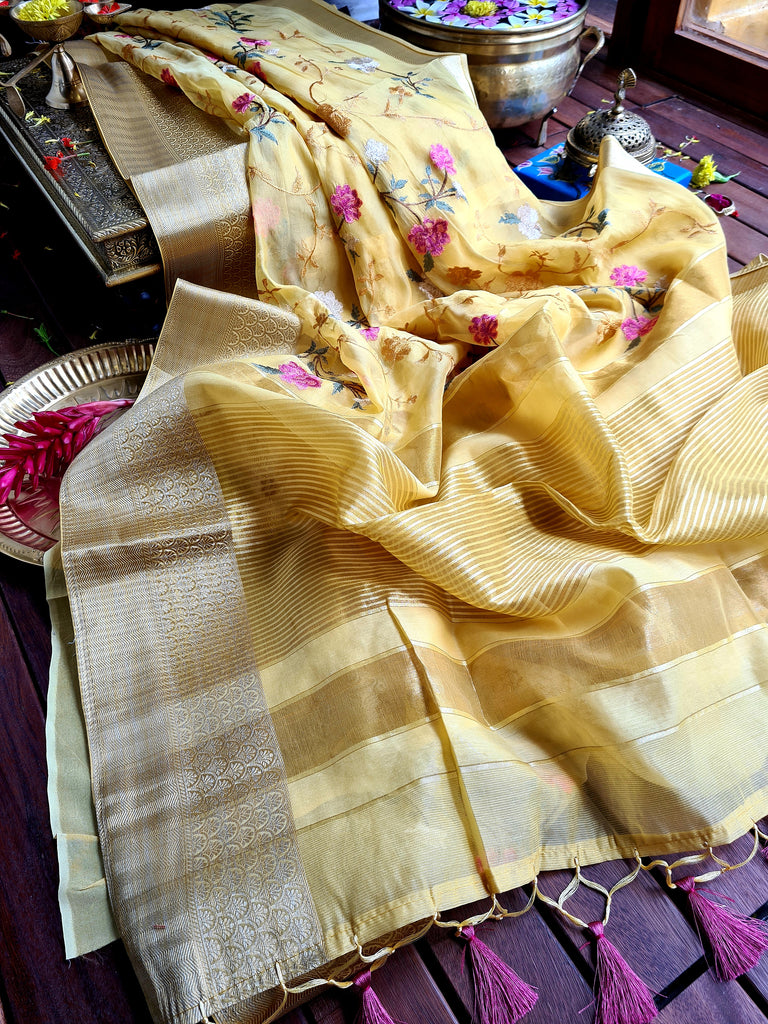 Zynah Organza Silk Thread Embroidery Saree with Zari Border, Buti Blouse Piece; Custom Stitched/Ready-made Blouse, Fall, Petticoat; Shipping available USA, Worldwide