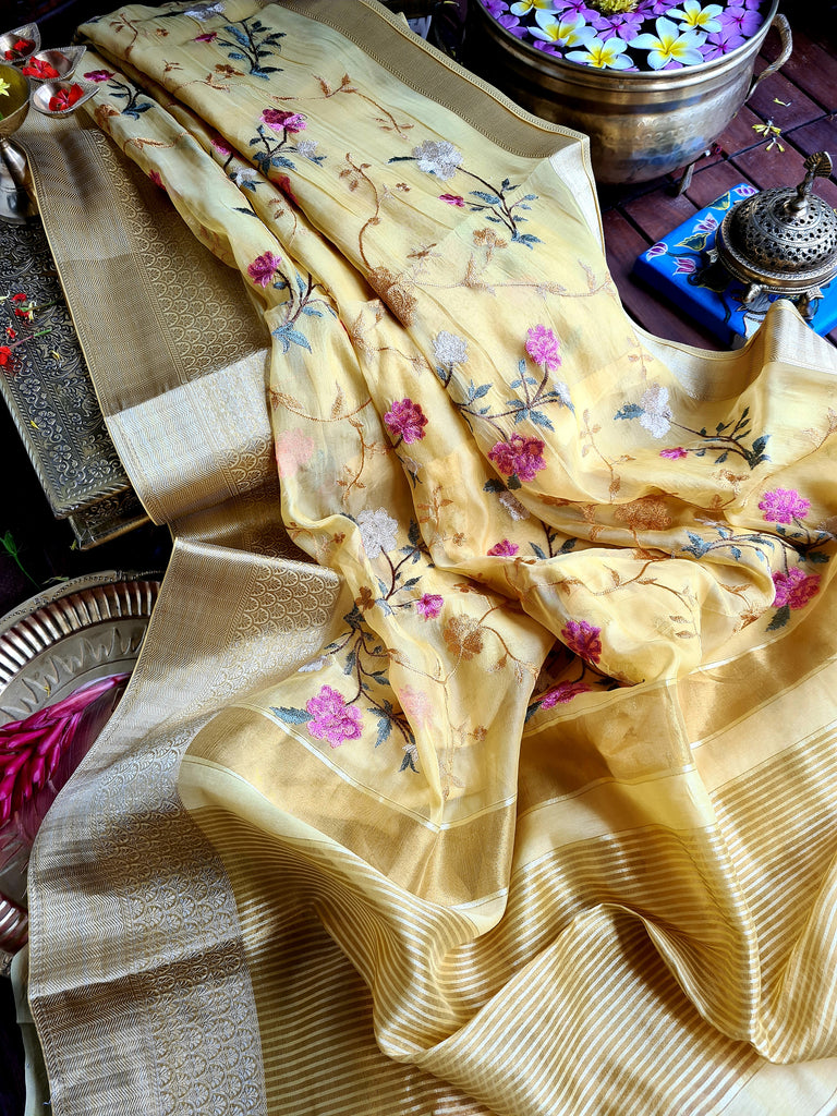 Zynah Organza Silk Thread Embroidery Saree with Zari Border, Buti Blouse Piece; Custom Stitched/Ready-made Blouse, Fall, Petticoat; Shipping available USA, Worldwide