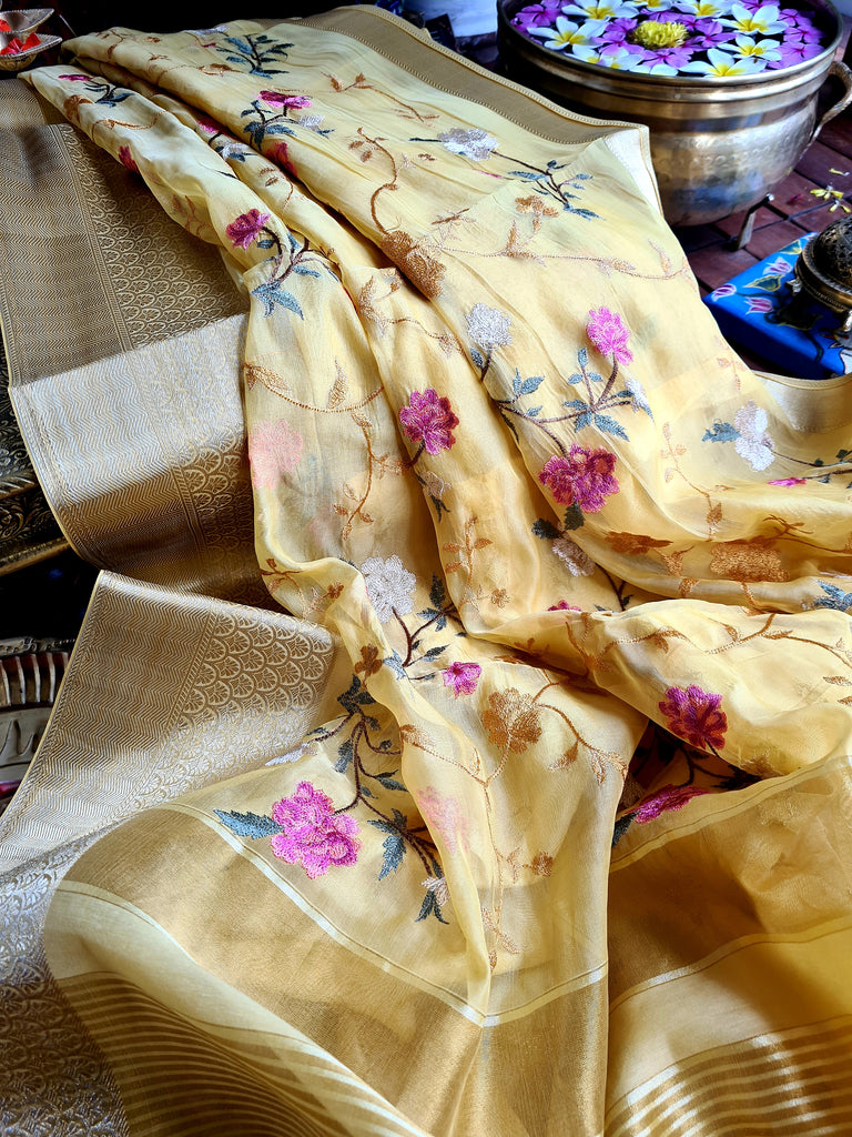 Zynah Organza Silk Thread Embroidery Saree with Zari Border, Buti Blouse Piece; Custom Stitched/Ready-made Blouse, Fall, Petticoat; Shipping available USA, Worldwide
