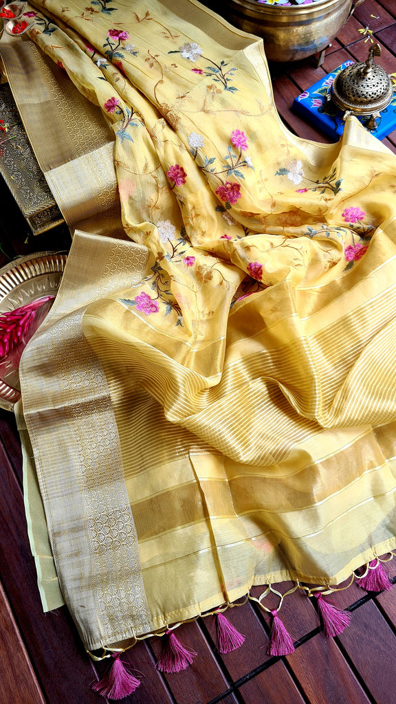 Zynah Organza Silk Thread Embroidery Saree with Zari Border, Buti Blouse Piece; Custom Stitched/Ready-made Blouse, Fall, Petticoat; Shipping available USA, Worldwide