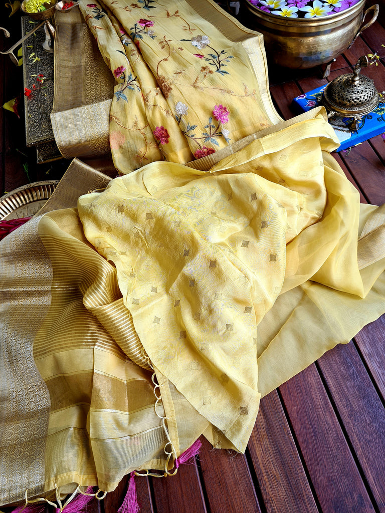 Zynah Organza Silk Thread Embroidery Saree with Zari Border, Buti Blouse Piece; Custom Stitched/Ready-made Blouse, Fall, Petticoat; Shipping available USA, Worldwide