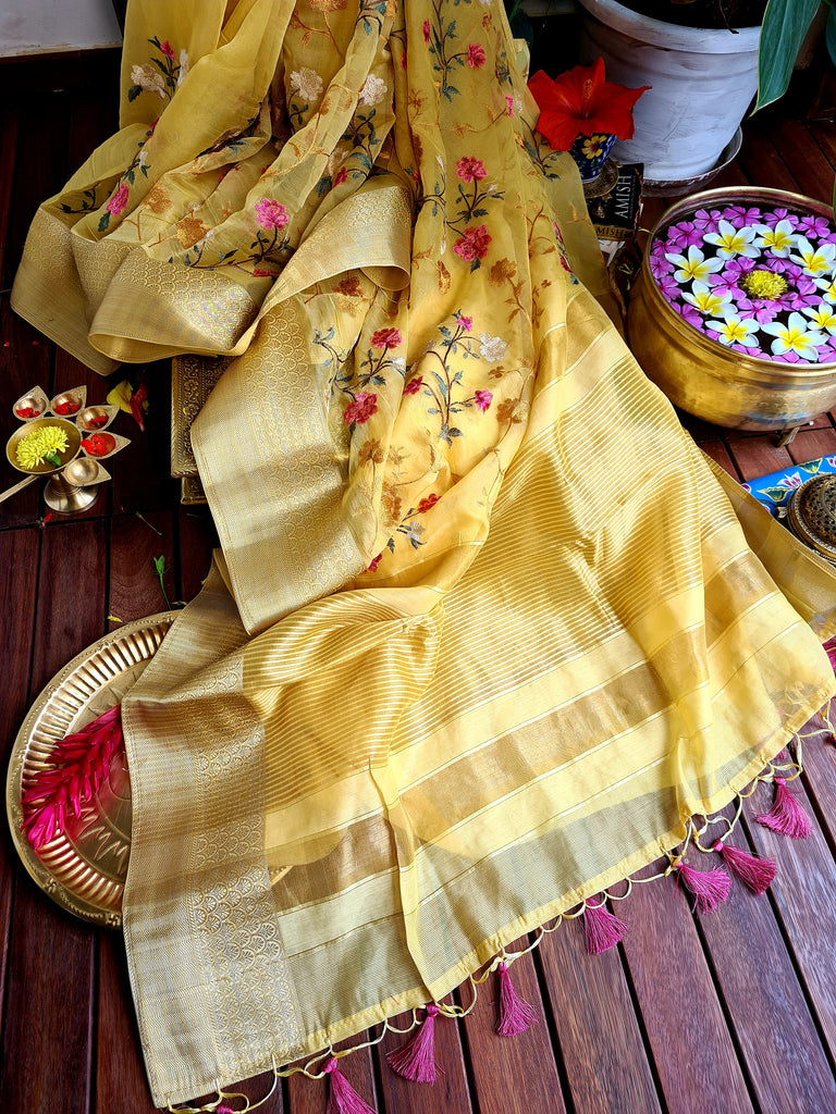 Zynah Organza Silk Thread Embroidery Saree with Zari Border, Buti Blouse Piece; Custom Stitched/Ready-made Blouse, Fall, Petticoat; Shipping available USA, Worldwide