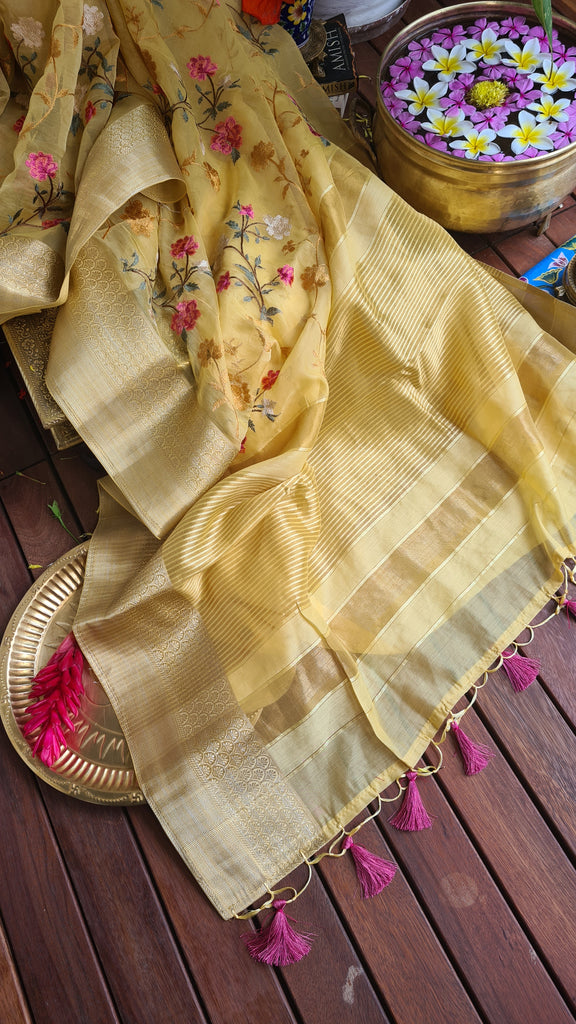 Zynah Organza Silk Thread Embroidery Saree with Zari Border, Buti Blouse Piece; Custom Stitched/Ready-made Blouse, Fall, Petticoat; Shipping available USA, Worldwide