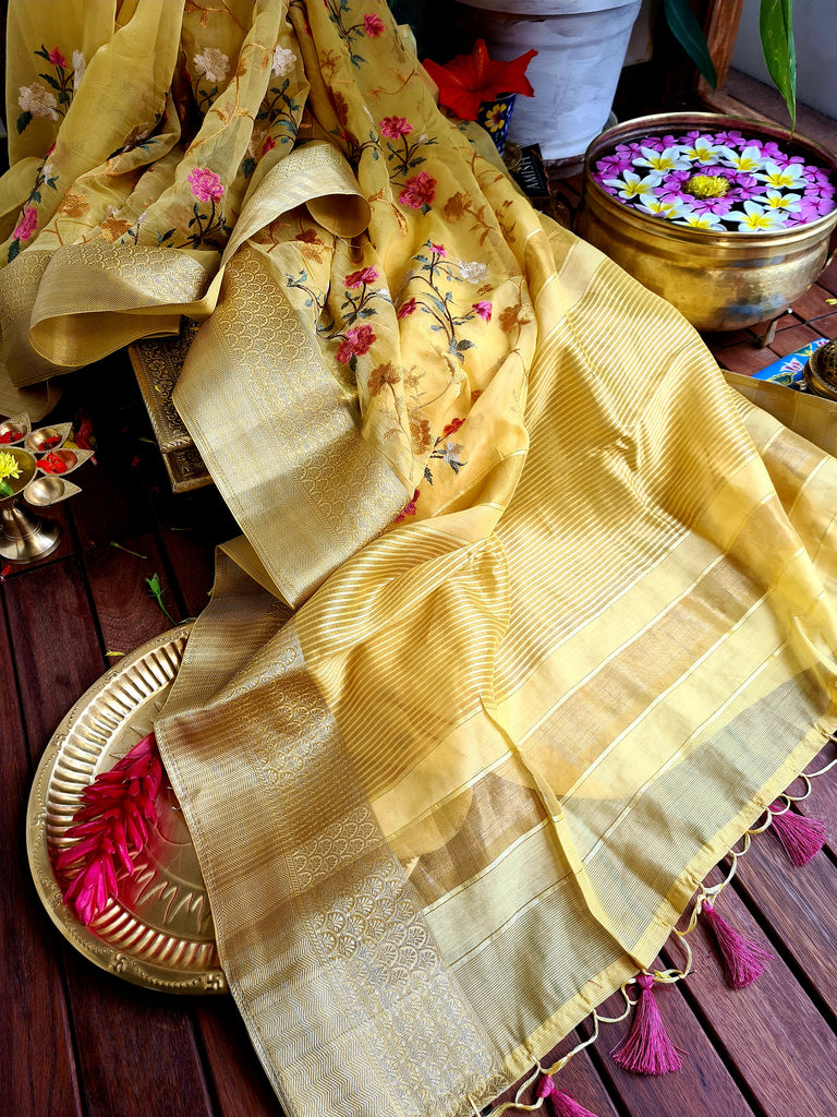 Zynah Organza Silk Thread Embroidery Saree with Zari Border, Buti Blouse Piece; Custom Stitched/Ready-made Blouse, Fall, Petticoat; Shipping available USA, Worldwide