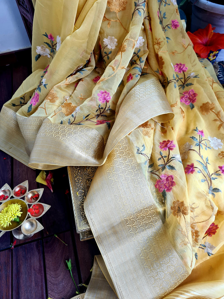 Zynah Organza Silk Thread Embroidery Saree with Zari Border, Buti Blouse Piece; Custom Stitched/Ready-made Blouse, Fall, Petticoat; Shipping available USA, Worldwide