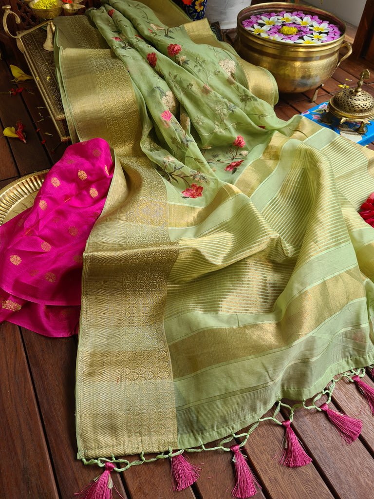 Zynah Organza Silk Thread Embroidery Saree with Zari Border, Buti Blouse Piece; Custom Stitched/Ready-made Blouse, Fall, Petticoat; Shipping available USA, Worldwide