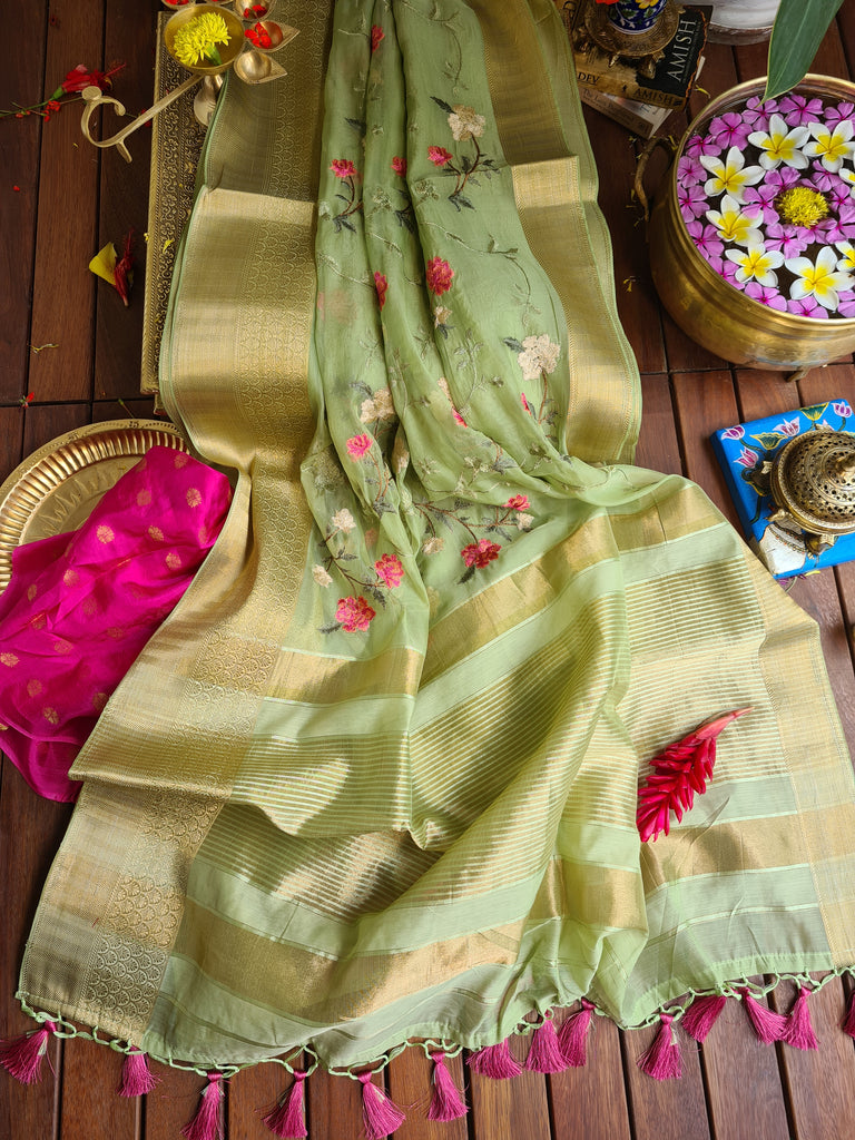 Zynah Organza Silk Thread Embroidery Saree with Zari Border, Buti Blouse Piece; Custom Stitched/Ready-made Blouse, Fall, Petticoat; Shipping available USA, Worldwide