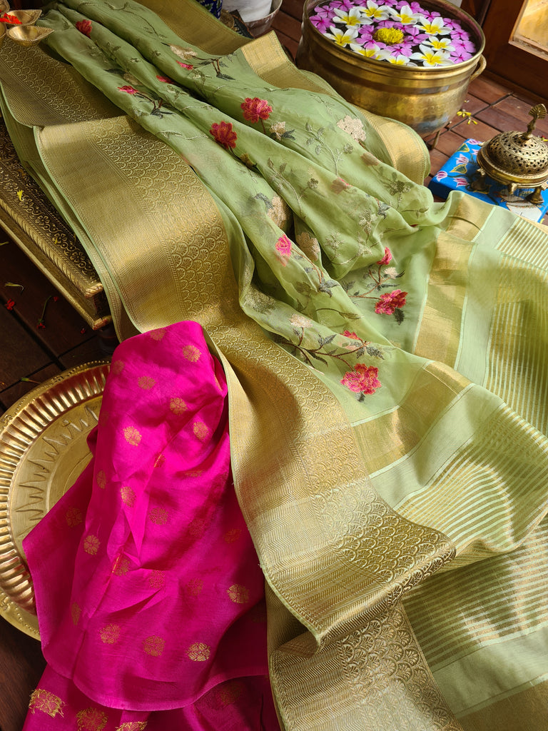 Zynah Organza Silk Thread Embroidery Saree with Zari Border, Buti Blouse Piece; Custom Stitched/Ready-made Blouse, Fall, Petticoat; Shipping available USA, Worldwide