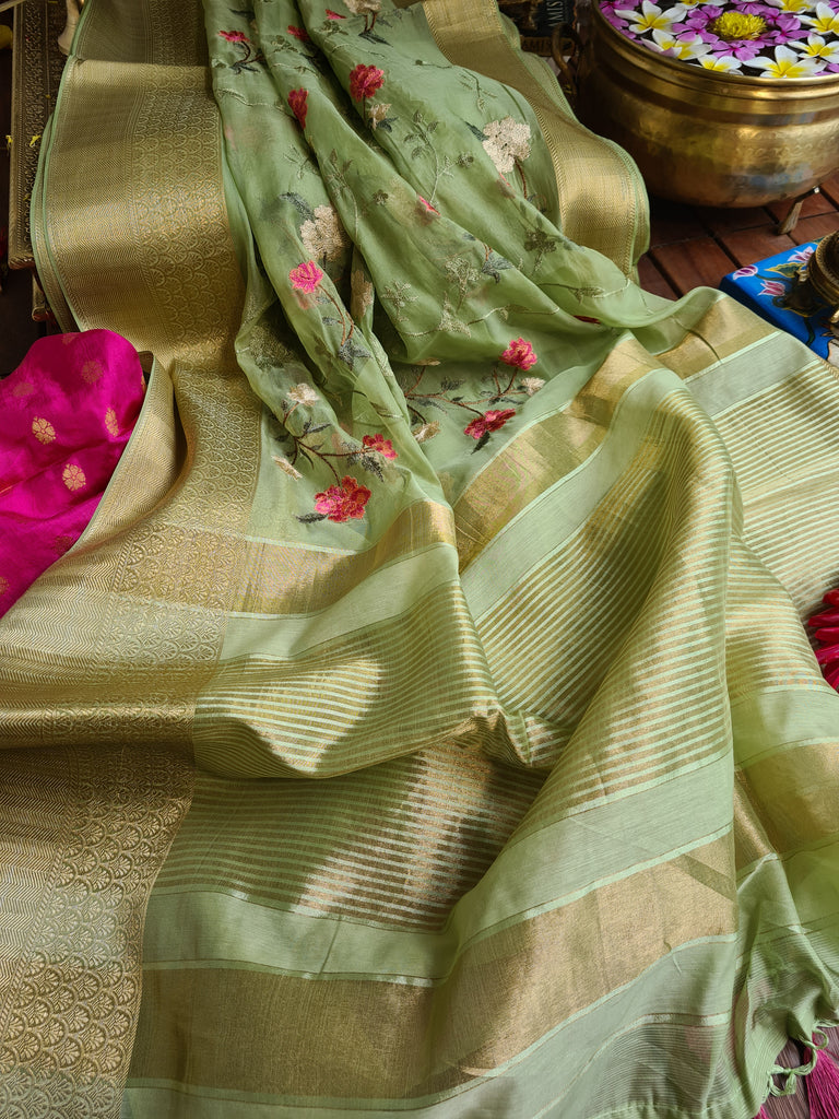 Zynah Organza Silk Thread Embroidery Saree with Zari Border, Buti Blouse Piece; Custom Stitched/Ready-made Blouse, Fall, Petticoat; Shipping available USA, Worldwide