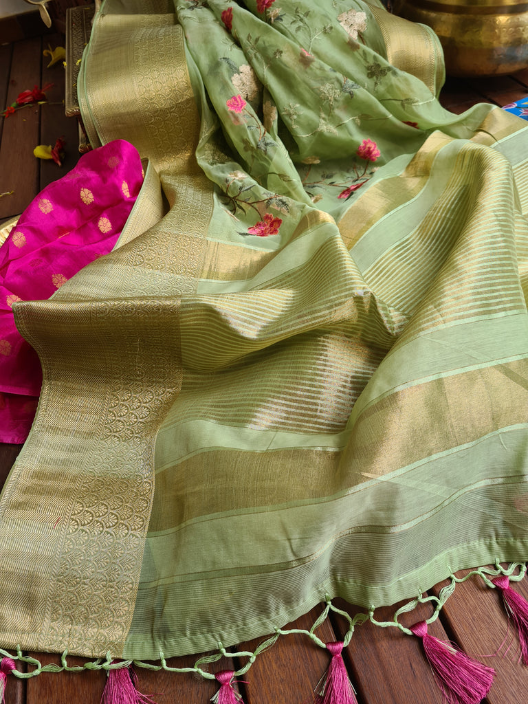 Zynah Organza Silk Thread Embroidery Saree with Zari Border, Buti Blouse Piece; Custom Stitched/Ready-made Blouse, Fall, Petticoat; Shipping available USA, Worldwide