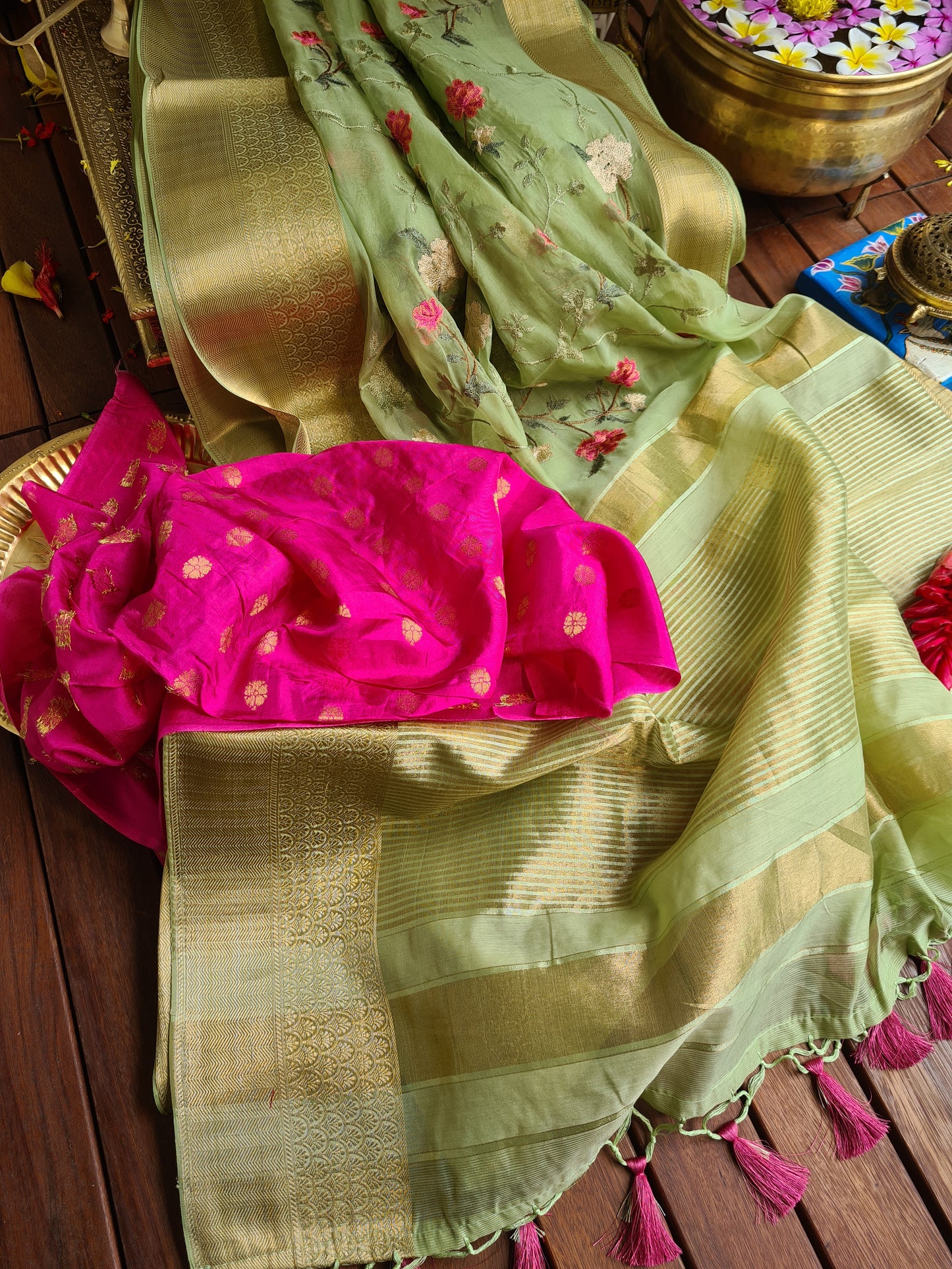 Zynah Organza Silk Thread Embroidery Saree with Zari Border, Buti Blouse Piece; Custom Stitched/Ready-made Blouse, Fall, Petticoat; Shipping available USA, Worldwide