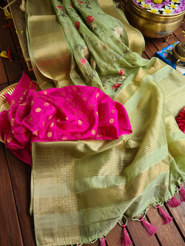 Zynah Organza Silk Thread Embroidery Saree with Zari Border, Buti Blouse Piece; Custom Stitched/Ready-made Blouse, Fall, Petticoat; Shipping available USA, Worldwide