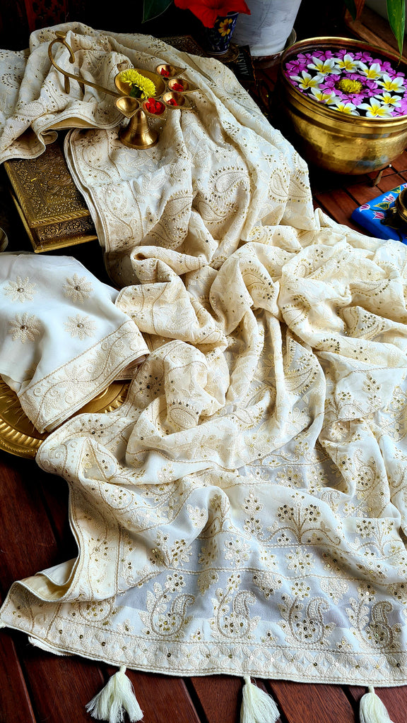 Zynah Pure Georgette Saree with Chikankari Work; Custom Stitched/Ready-made Blouse, Fall, Petticoat; Shipping available USA, Worldwide