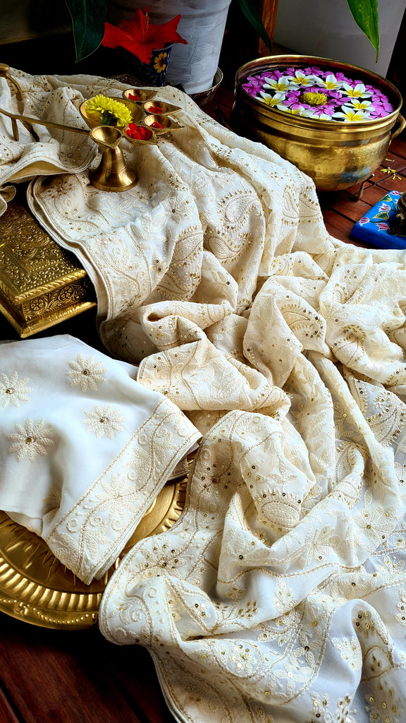 Zynah Pure Georgette Saree with Chikankari Work; Custom Stitched/Ready-made Blouse, Fall, Petticoat; Shipping available USA, Worldwide