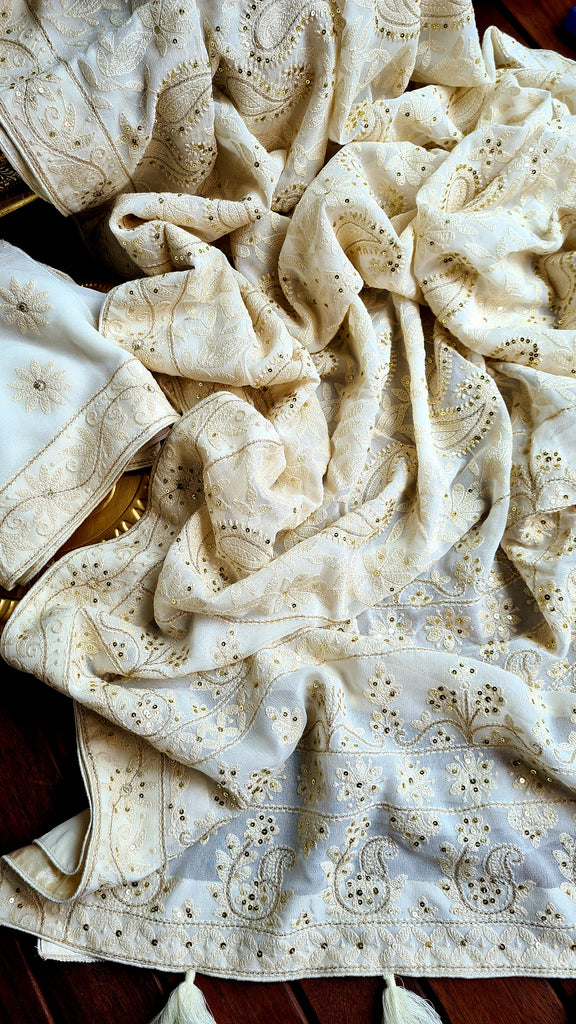 Zynah Pure Georgette Saree with Chikankari Work; Custom Stitched/Ready-made Blouse, Fall, Petticoat; Shipping available USA, Worldwide