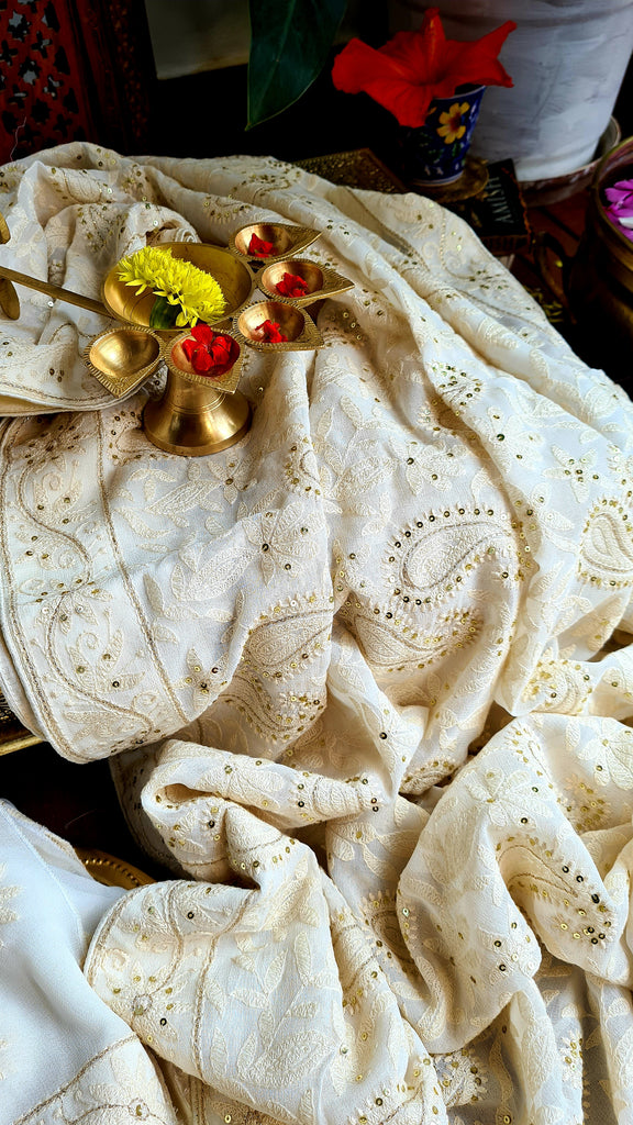 Zynah Pure Georgette Saree with Chikankari Work; Custom Stitched/Ready-made Blouse, Fall, Petticoat; Shipping available USA, Worldwide