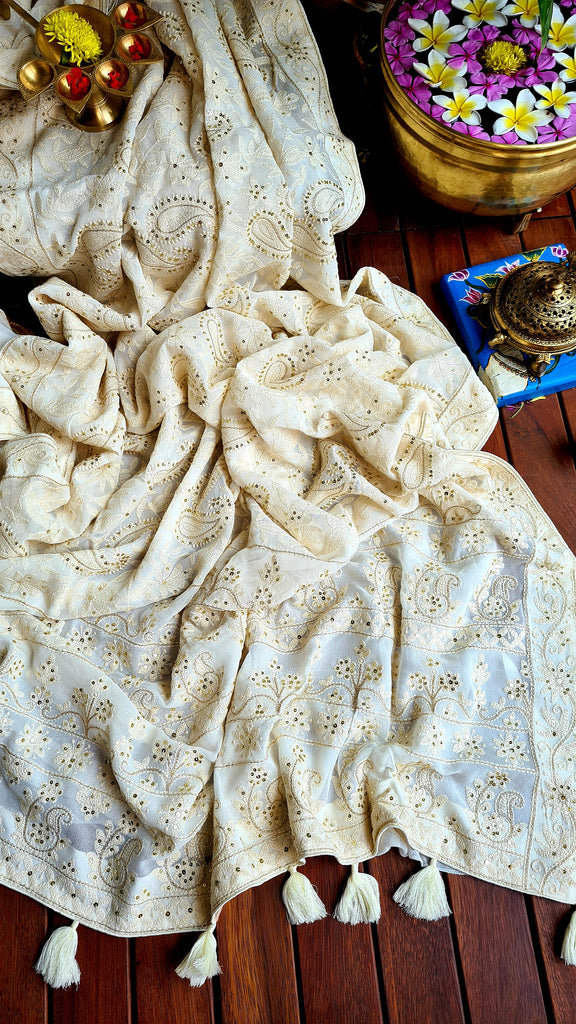 Zynah Pure Georgette Saree with Chikankari Work; Custom Stitched/Ready-made Blouse, Fall, Petticoat; Shipping available USA, Worldwide