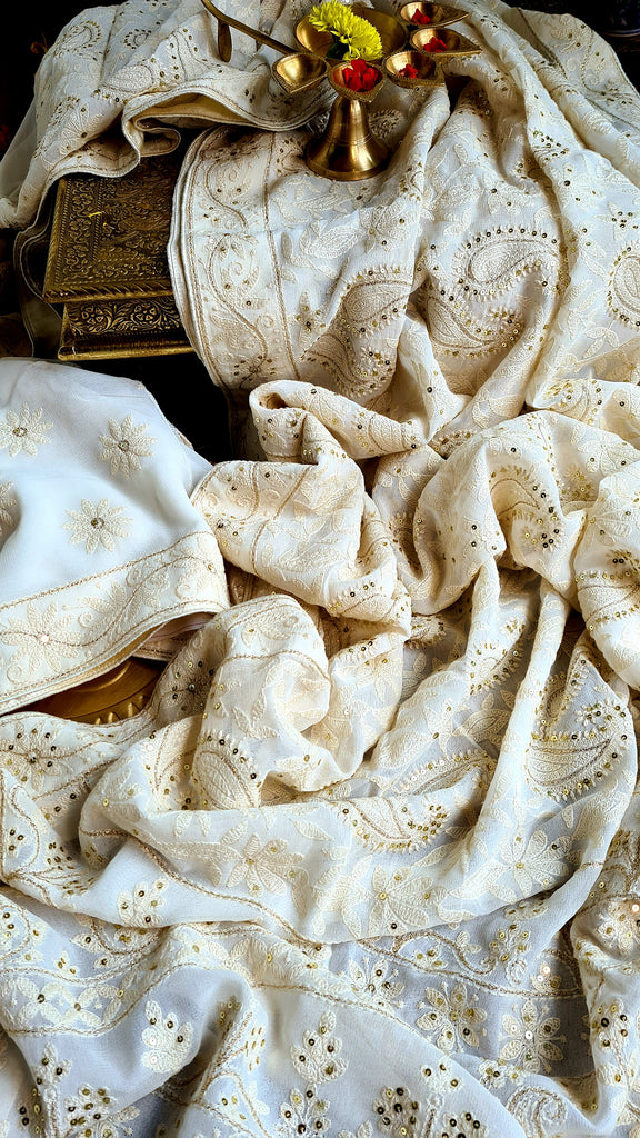 Zynah Pure Georgette Saree with Chikankari Work; Custom Stitched/Ready-made Blouse, Fall, Petticoat; Shipping available USA, Worldwide