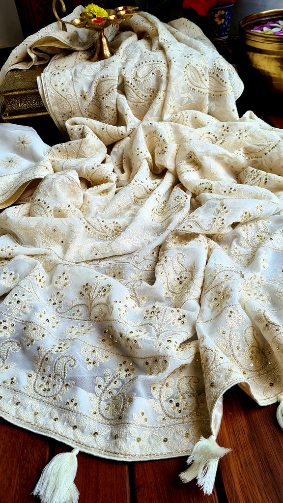 Zynah Pure Georgette Saree with Chikankari Work; Custom Stitched/Ready-made Blouse, Fall, Petticoat; Shipping available USA, Worldwide